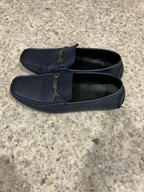 Guess Navy Pebbled Leather Bit Loafers for Men